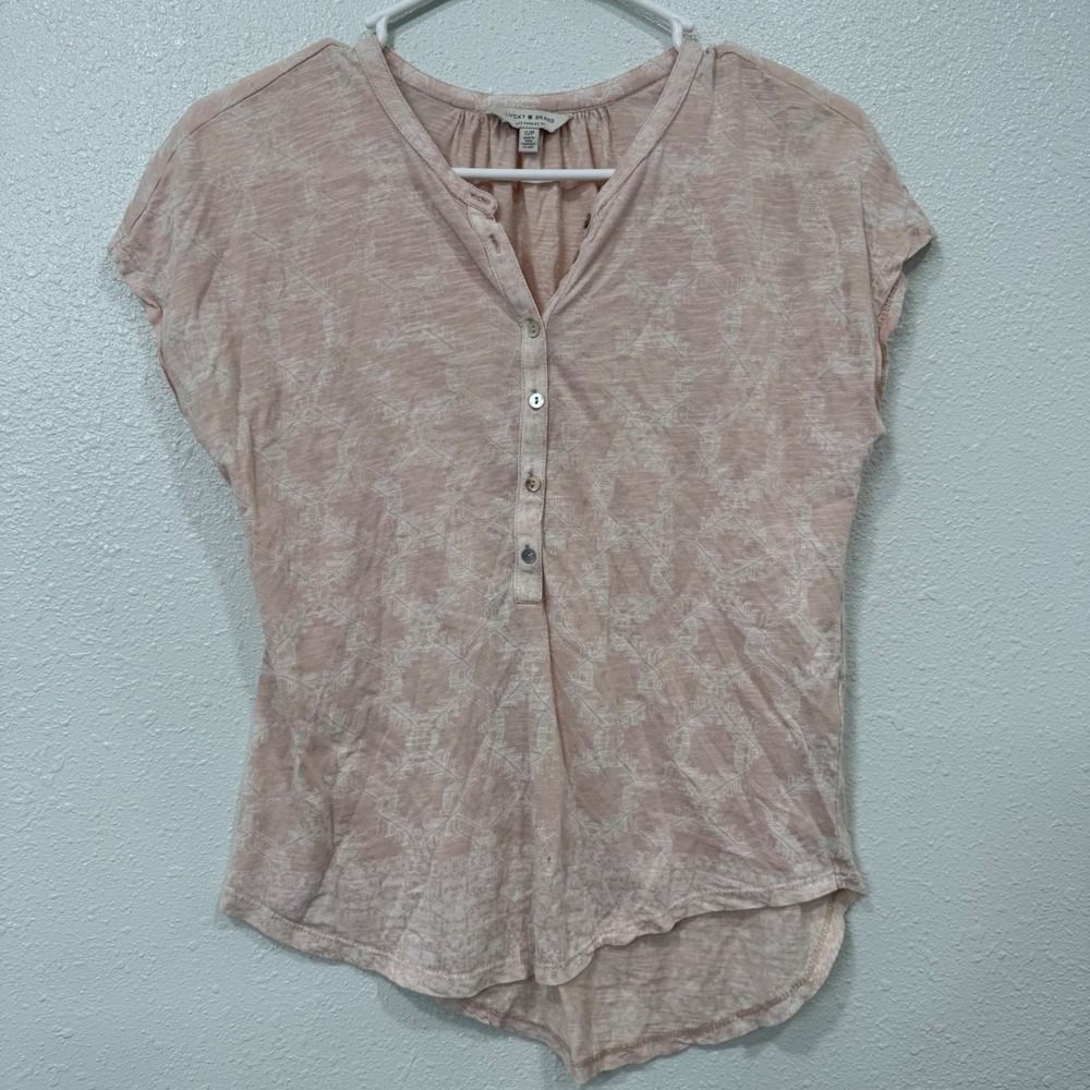 Lucky Brand Pink Ikat Print Henley Slub Knit Top Small